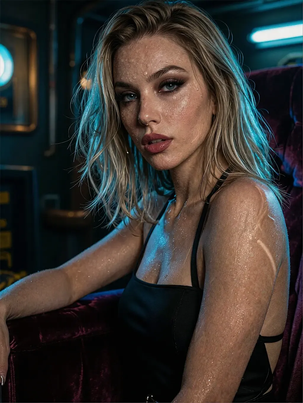 Fictional AI character photographed against a dark window at night